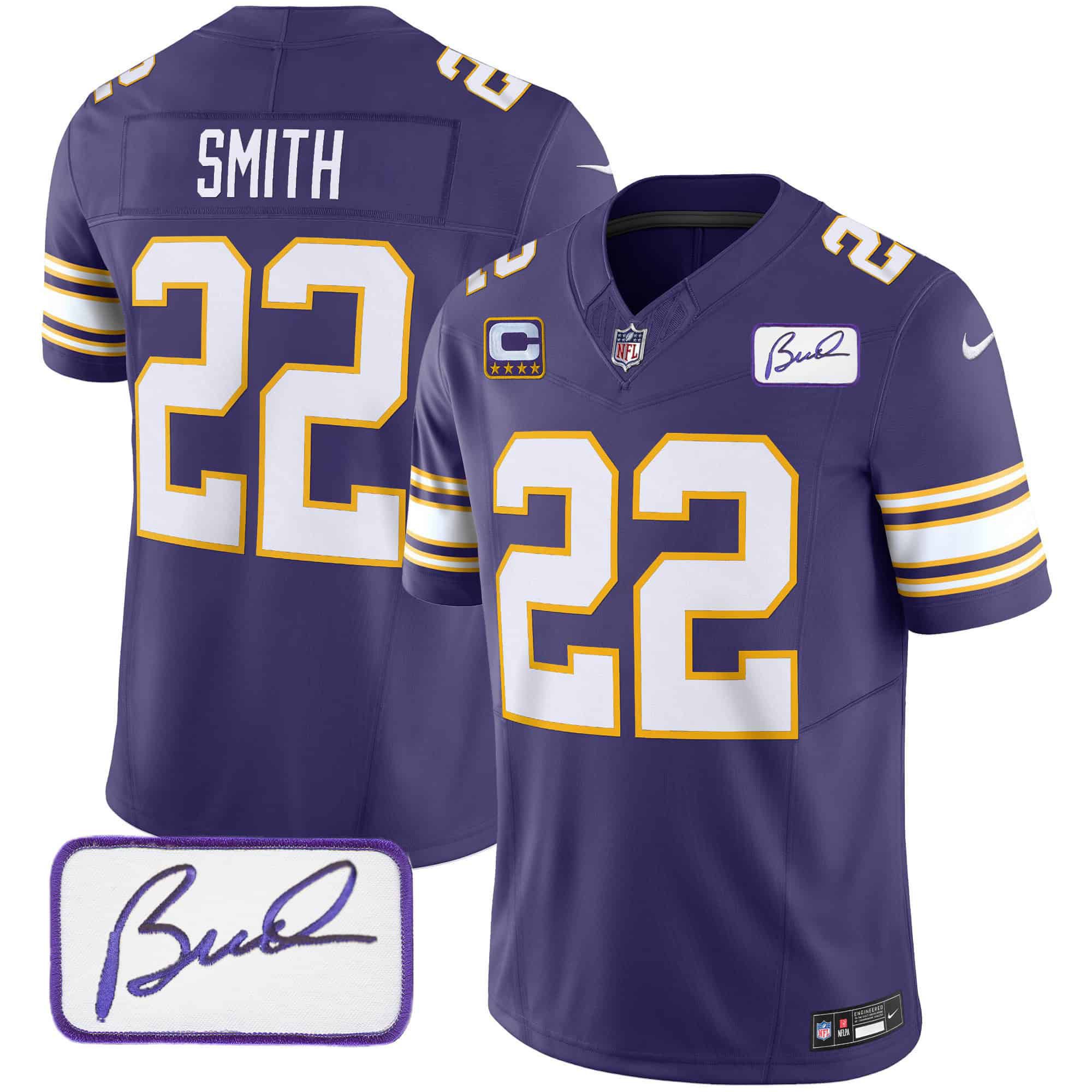 Men Minnesota Vikings 22 Smith Purple 2024 Nike Bud Grant Patch Classic Limited NFL Jersey style 1